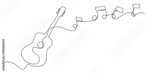 continuous line drawing of acoustic guitar with music notation.one line drawing of song harmony.music show sign.one line vector illustration.isolated white background.