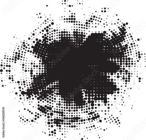 A large dark shape bursts outward from a white background filled with numerous small black dots.