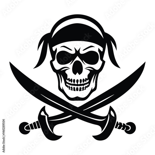Fearsome Pirate Skull Silhouette, Crossed Swords, Black Design, Vector Graphic, Jolly Roger