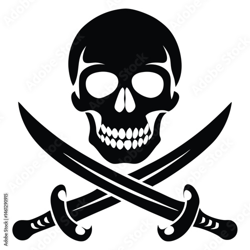 Fearsome Pirate Skull Silhouette, Crossed Swords, Black Design, Vector Graphic, Jolly Roger