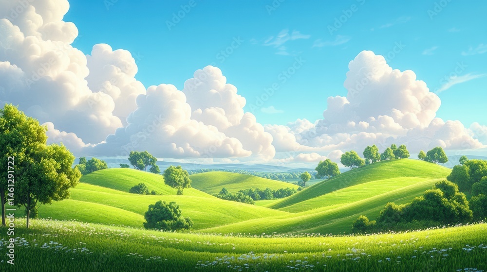 Fototapeta premium illustration of Summer fields landscape with a dawn,Rainbow, green grass hills, bright color blue sky, country background,banner resting vacation.