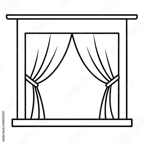  a vector line art illustration of curtains tied back, hanging from a window frame