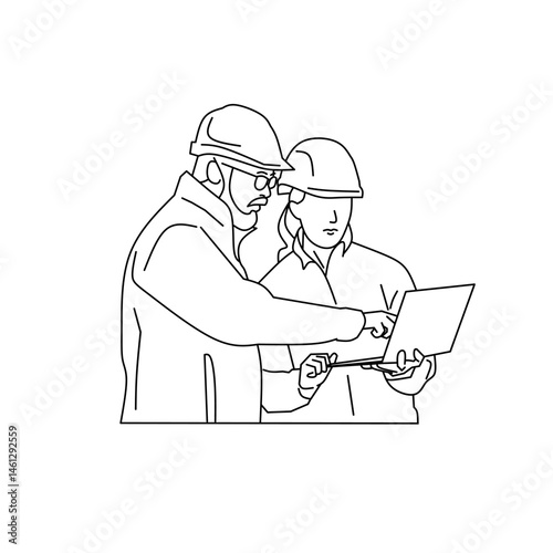 An illustration of Engineers Discussing Project with Laptop -  with line art style

