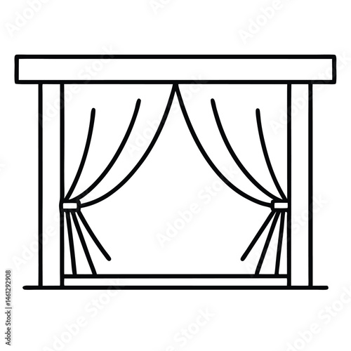  a vector line art illustration of curtains tied back, hanging from a window frame