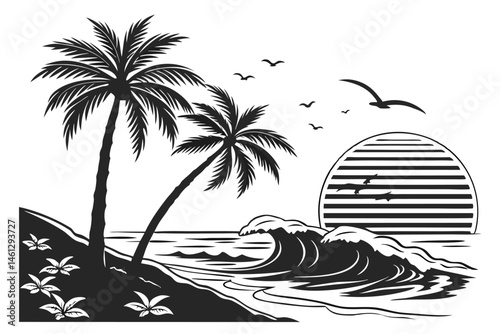 66 Black and white illustration, high contrast, ocean waves, mountains, coastal landscape, dramatic seas, rocky shore, turbulent water, silhouette of trees, detailed linework, woodcut style, scenic vi
