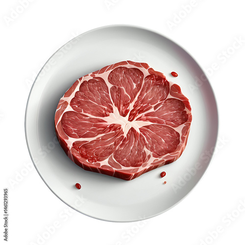 Sliced beef on a white plate, transparent background.
