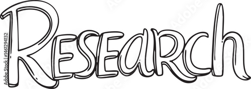 A hand-drawn word 'Research' is presented in a playful stylized font against a stark black background.