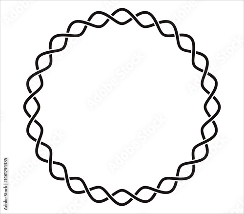 Interwined black lines braid border on white background. Circle simple Braid border. Round rope frame