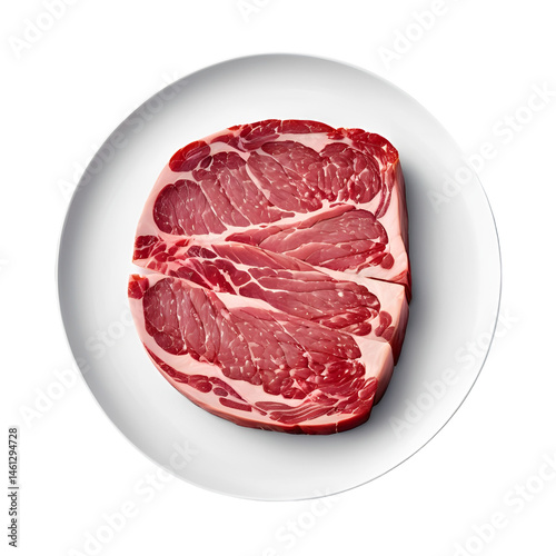 Sliced beef on a white plate, transparent background.