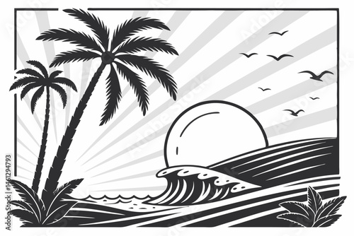 66 Black and white illustration, high contrast, ocean waves, mountains, coastal landscape, dramatic seas, rocky shore, turbulent water, silhouette of trees, detailed linework, woodcut style, scenic vi