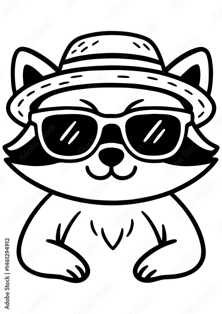 Fototapeta premium Black and white vector of a raccoon in sunglasses and a straw hat. Perfect for engraving, children’s books, and creative design projects
