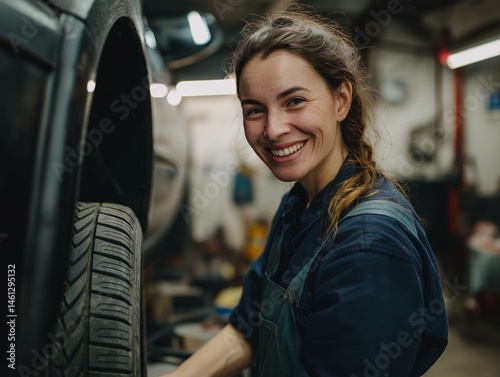 A mechanic joyfully works on a vehicle in a garage, showcasing skill and dedication in automotive repair. photo