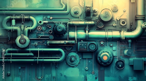 Intricate steampunk machinery with pipes, gears, and industrial elements