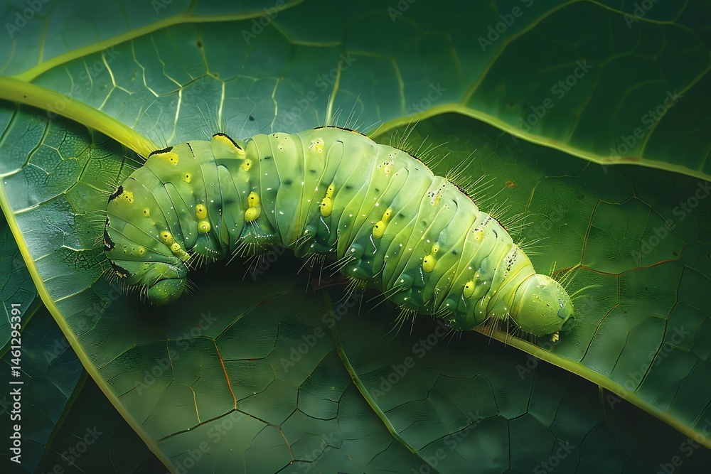 Fototapeta premium Close Up Of Green Caterpillar On Green Leaf