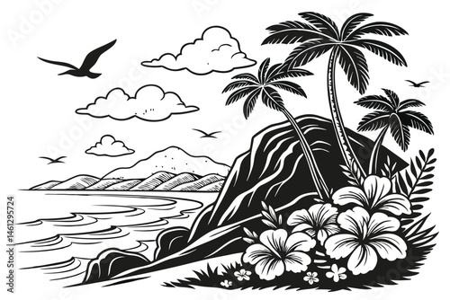 61 Tropical island silhouette, palm trees, ocean waves, rocky cliffs, hibiscus flowers, seagulls, fluffy clouds, distant mountains, black and white illustration, high contrast, detailed linework, vint