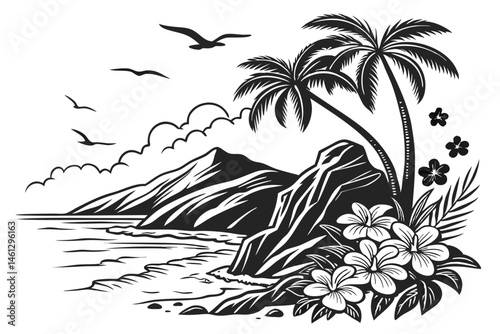 61 Tropical island silhouette, palm trees, ocean waves, rocky cliffs, hibiscus flowers, seagulls, fluffy clouds, distant mountains, black and white illustration, high contrast, detailed linework, vint
