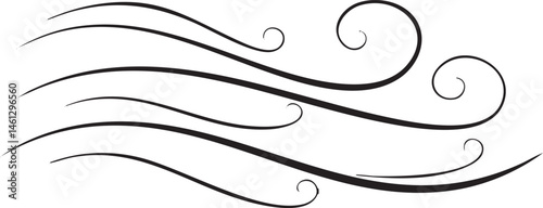 Elegant black lines create swirling wind on a white background.