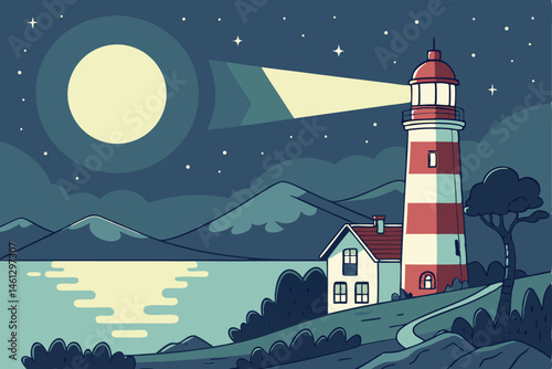 62 lighthouse at night, coastal landscape, moonlit sky, starry night, calm waters, mountain silhouettes, red and white striped lighthouse, glowing lighthouse beacon, reflections on water, cartoon styl