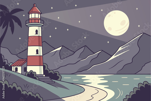 62 lighthouse at night, coastal landscape, moonlit sky, starry night, calm waters, mountain silhouettes, red and white striped lighthouse, glowing lighthouse beacon, reflections on water, cartoon styl