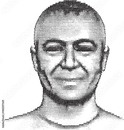 A man's face is depicted in a halftone