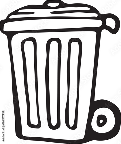 A black and white trash receptacle overflows with waste.