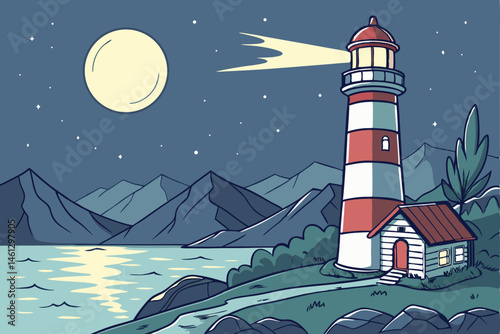62 lighthouse at night, coastal landscape, moonlit sky, starry night, calm waters, mountain silhouettes, red and white striped lighthouse, glowing lighthouse beacon, reflections on water, cartoon styl