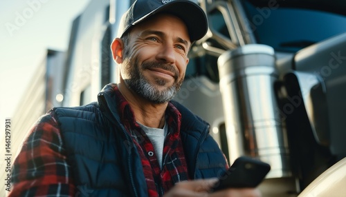 Obraz na płótnie A smiling truck driver using a phone, standing next to a large truck, showcasing modern transportation lifestyle. w salonie