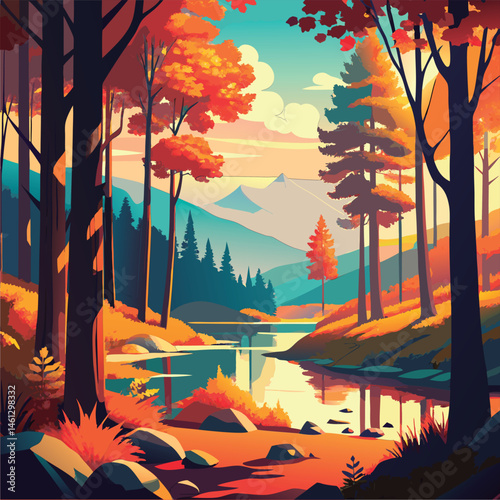 Vector illustration of a Autumnal mountain lake scene.
