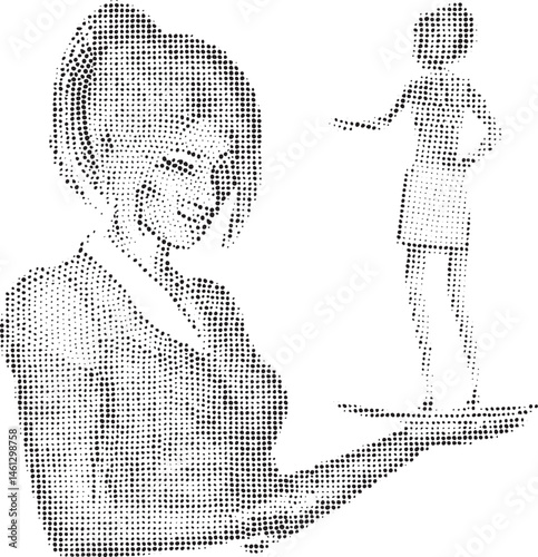 A woman contemplates a miniature figure standing before her.