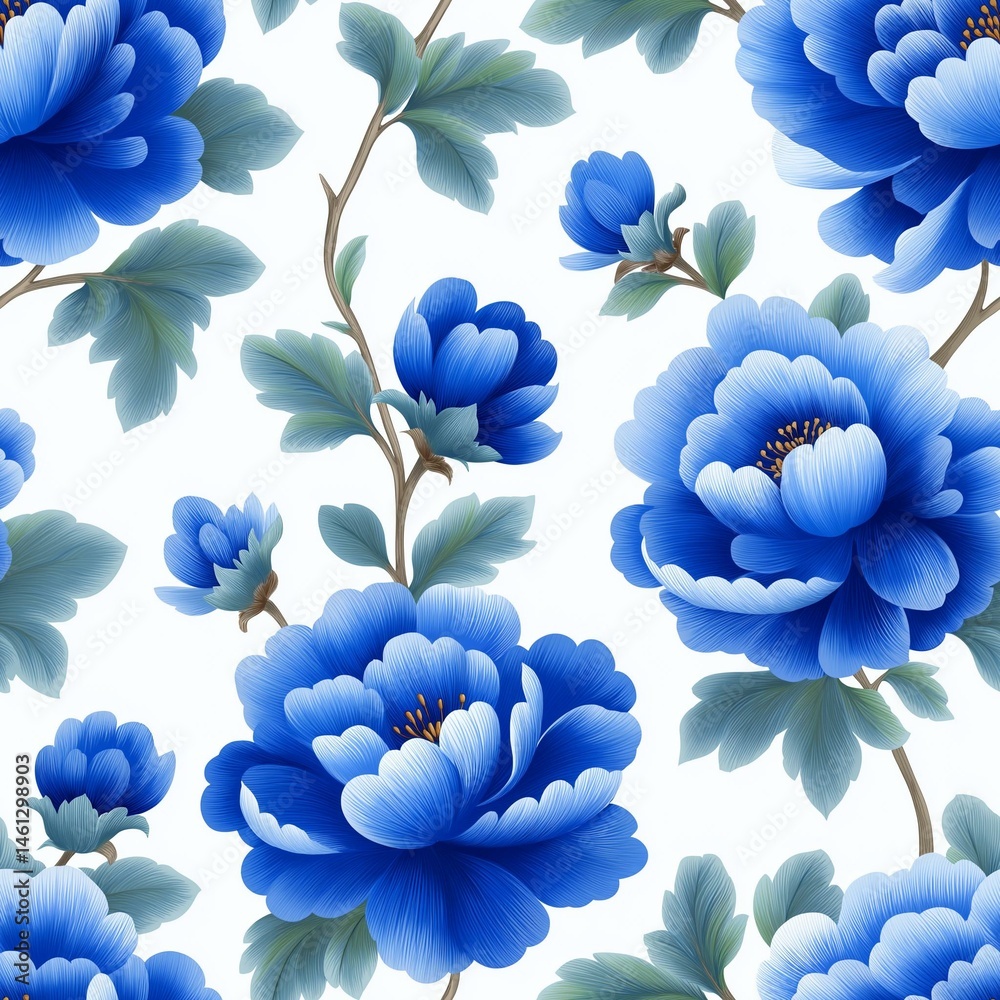 A stunning pattern featuring vibrant blue flowers with lush green leaves, perfect for textile designs and decor.