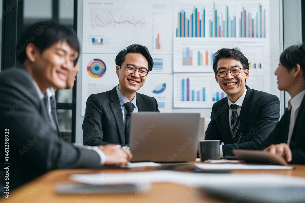 A team of professionals discussing strategies and analyzing data in a modern office environment.