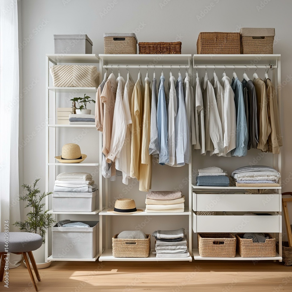 A stylish, organized closet featuring neatly arranged clothing and storage boxes, enhancing home decor and functionality.