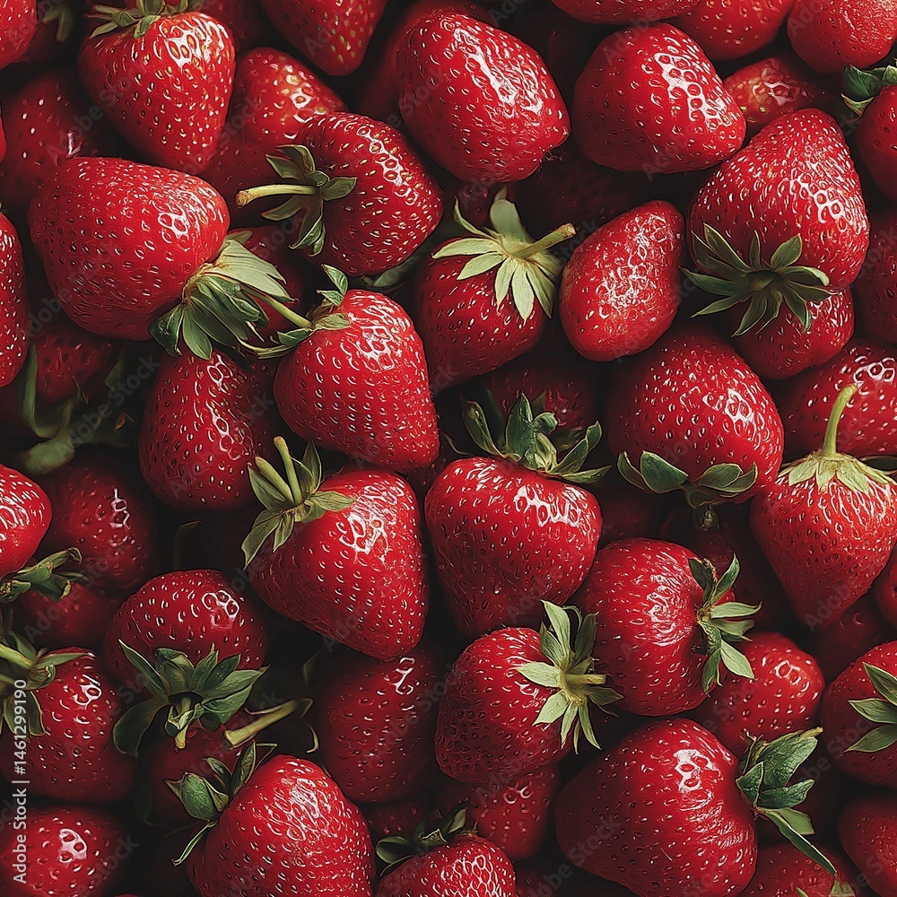 A vibrant assortment of fresh, ripe strawberries showcasing their bright red color and lush green tops.