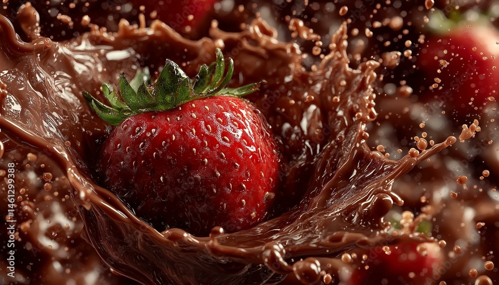 A vibrant strawberry splashes into rich, melted chocolate, creating a delicious scene of indulgence.