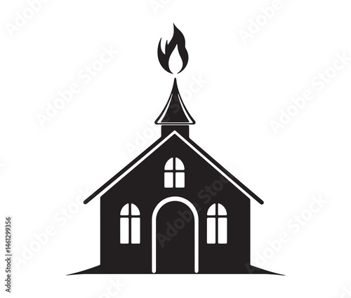 Church icon vector illustration. Minimalist church with flame. Religious building silhouette. 