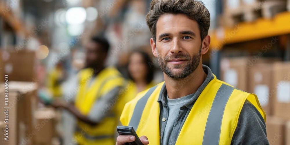 A warehouse worker in a safety vest using a smartphone, surrounded by stacks of boxes and colleagues.