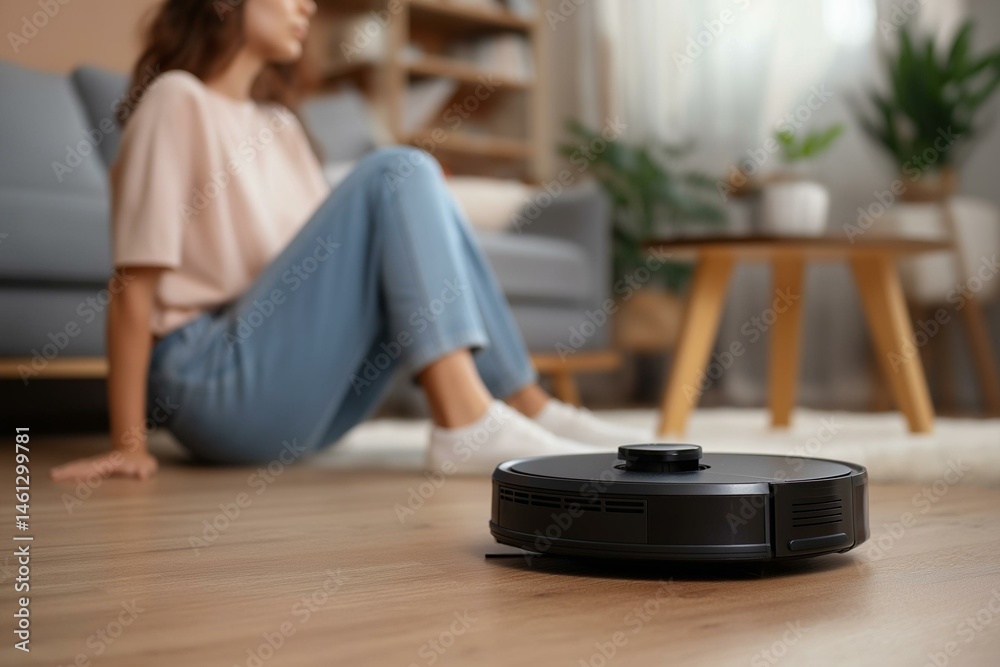 A woman relaxing at home while a robotic vacuum cleans the floor, representing modern technology and comfort.