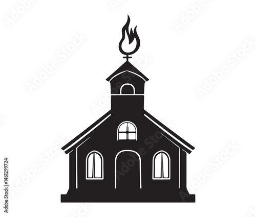 Church icon vector illustration. Minimalist church with flame. Religious building silhouette. 
