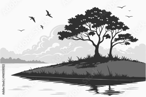 63 Silhouette island, black and white landscape, reflective water, calm sea, dramatic clouds, flying birds, lone trees, minimalist artwork, monochromatic illustration, serene atmosphere, nature scene,