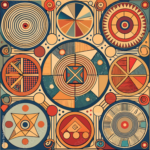 Geometric design with layered circles and shapes.