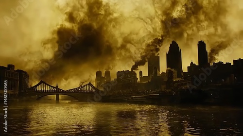 Industrial cityscape with river and bridge in a dystopian setting, polluted air
