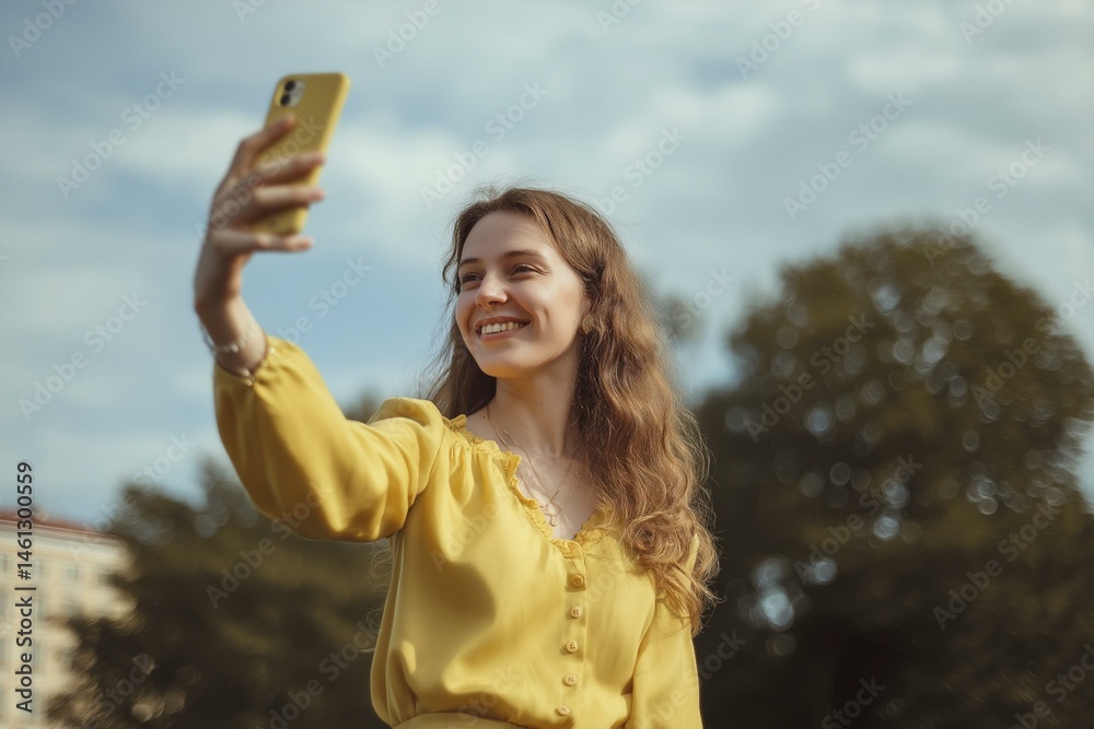 A young woman happily taking a selfie outdoors, enjoying her time in the sun amid lush greenery and blue skies.
