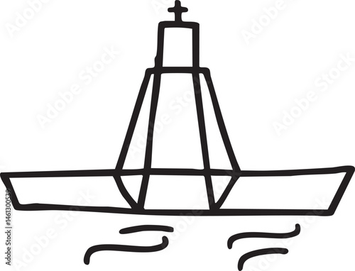 A stylized black and white drawing depicts a ship's mast with a cross atop floating on water.