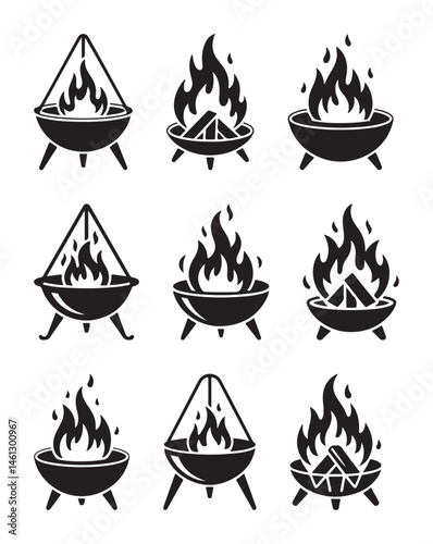 Silhouette set of fire pits on three legs, black vector illustrations for camping and outdoor design themes 