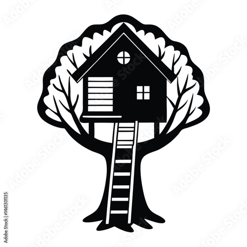 House with a tree, Silhouette vector of a treehouse