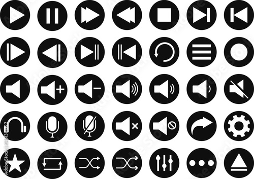 Play buttons icon set. Social media elements. Digital player monochrome progress bar for music. Audio media player widget with buttons