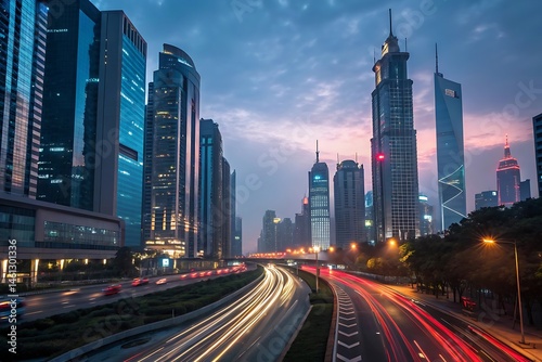 Stunning Cityscape at Dusk: Modern Architecture and Urban Lights