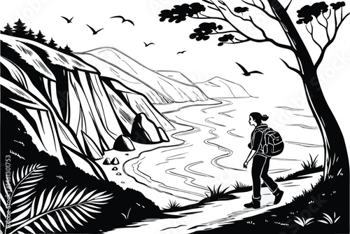 64 Black and white illustration, coastal landscape, dramatic cliffs, winding path, lone hiker with backpack, ocean waves, flying seagulls, stylized vegetation, high contrast, woodcut style, minimalist