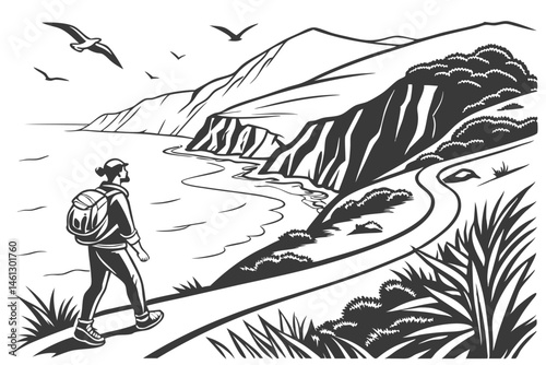 64 Black and white illustration, coastal landscape, dramatic cliffs, winding path, lone hiker with backpack, ocean waves, flying seagulls, stylized vegetation, high contrast, woodcut style, minimalist