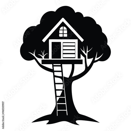 House with a tree, Silhouette vector of a treehouse
